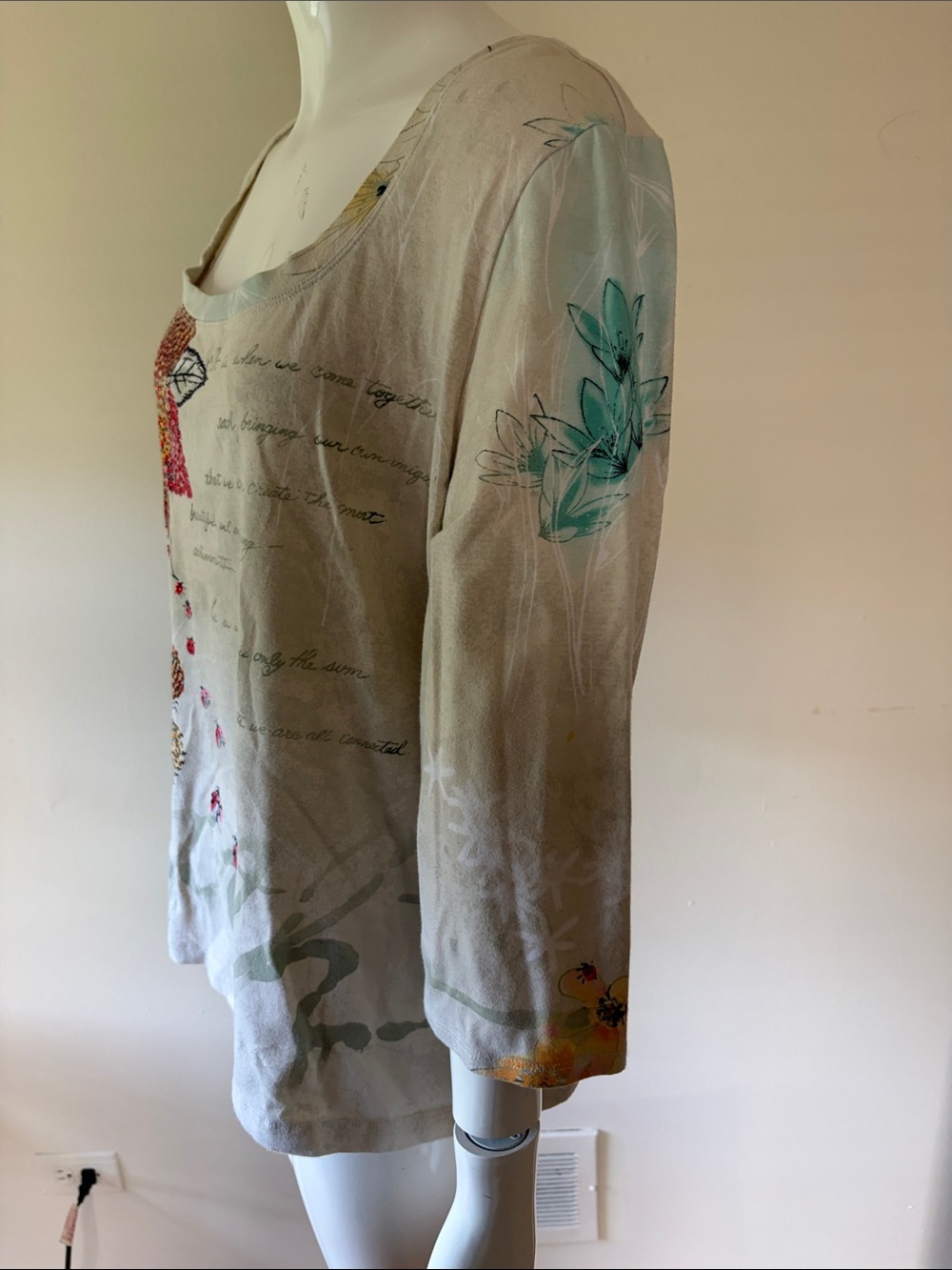 Chico's Beige Floral Scoop Neck Long Sleeve Top with Red and Yellow Accents - Picture 2 of 5